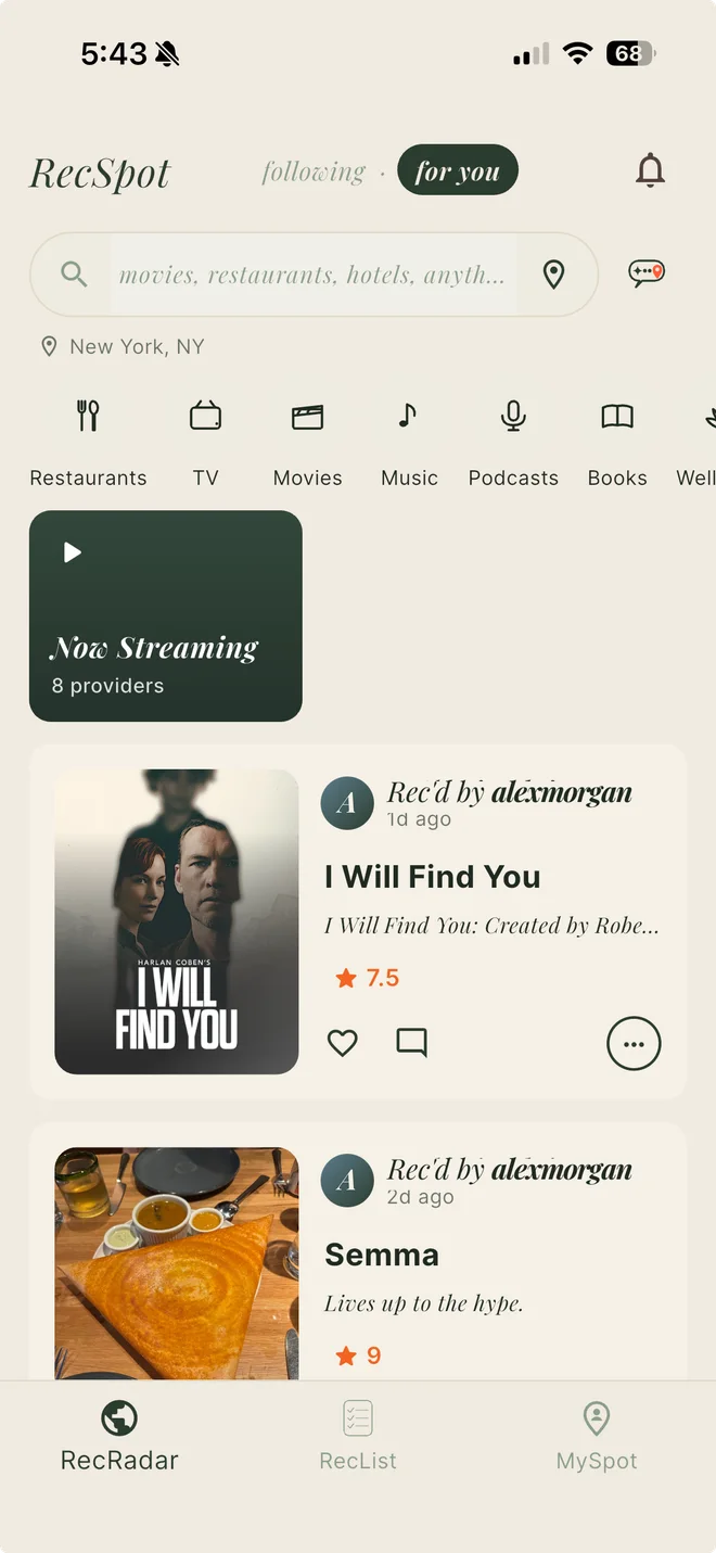 The RecSpot feed showing recommendations from people you follow