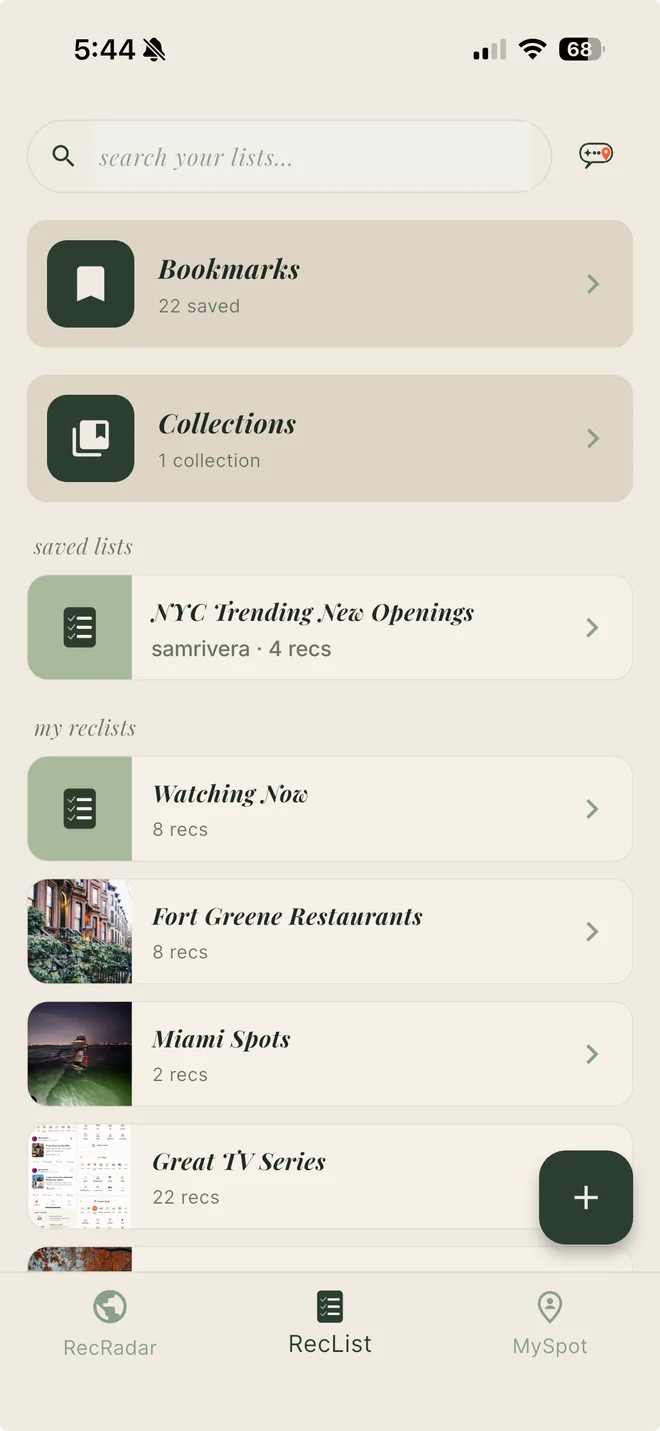 The RecSpot lists screen with bookmarks, collections, and reclists
